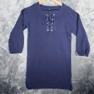 J.Crew Womens Lace Up Tunic Dress S Navy Blue 100% Cotton Long Sleeve